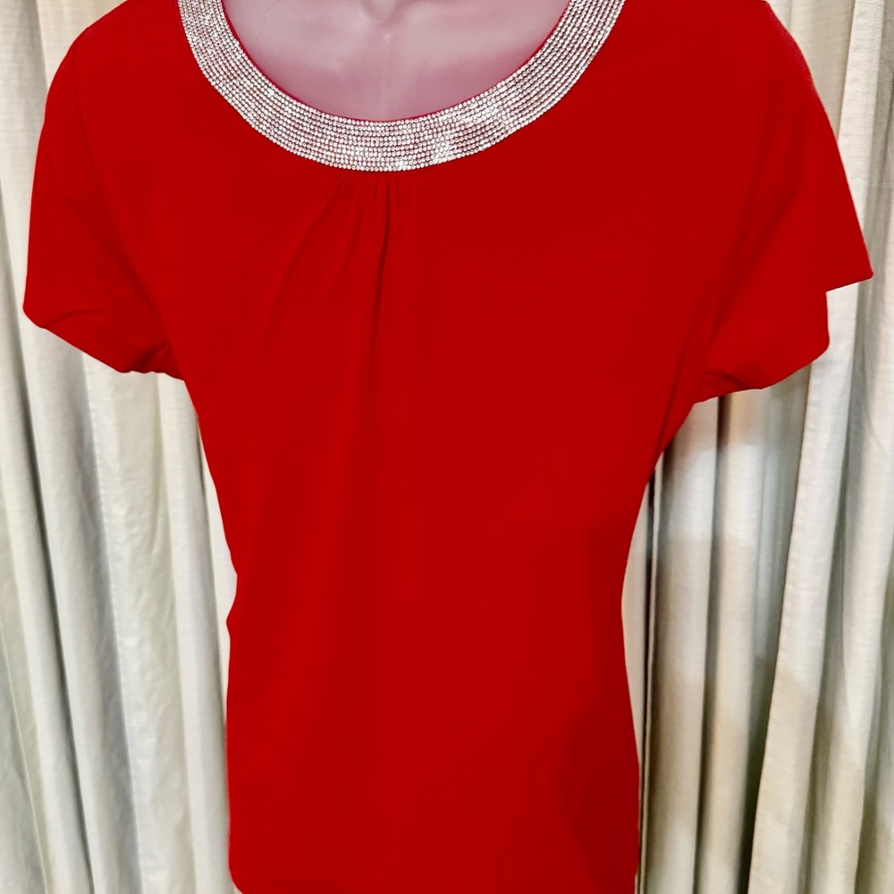 Elegant Red Women's Top with Embellished Neckline